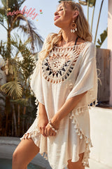 Women Off Shoulder Loose Beach Smock Casual Holiday Sexy Style Cut Out Tassel Beach Smock Women Summer Beach Smock