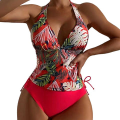 Women'S Two-Piece Swimsuit Sexy Split Triangle Band Pure Colored Leaf Printing Bikini Swimwear Split Swimwear купальник женский