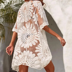 One Size Sexy Lace Up Summer Beach Cover Up Solid Color Women Beach Dress Flower Embroidery Women Clothes
