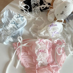 Women Underwear Japan Style Ruffle Cut Low Waist Lace Up Panties Sexy Lace Up Sweet Double Dow Breathable Soft Ice Silk Brief