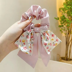 Fairy Women Hair Accessories Bows Scrunchies Ties Flower Floral Print Ribbon Elastic Hair Bands Ponytail Holder Girls Headdress