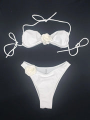 Sexy 3D Flower Patchwork Swimwear Thong Bikini 2024 Women Lace-up Swimsuit Halter Drawstring Swimming Bathing Suit Biquini Mujer