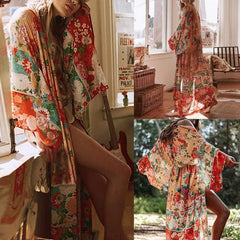 Ladies' Floral Printed Bohemian Beach Style Fashion Sun Screen Long Dress Holiday Versatile Chiffon Long Sleeve Thin Cardigan