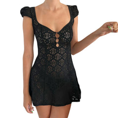 Yiiciovy Women Bikini Dress Sarong Beach Wrap Tunics Beach Cover Ups Summer Lace Short Sleeve Hollow Out Swimwear Mini Dress
