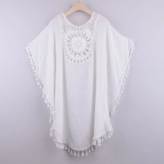 Women Off Shoulder Loose Beach Smock Casual Holiday Sexy Style Cut Out Tassel Beach Smock Women Summer Beach Smock