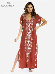 Embroidery Beach Cover Up Saida de Praia Swimsuit Women Bikini Cover Up Tunics for Beach Pareo Sarong Beachwear #Q790