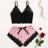 Women's 2 Piece Sexy Lace Pajama Set See-Through Bralette Cami Top and Shorts Breathable Sleepwear Plus Size Summer Lingerie
