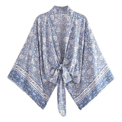 Boho Queens Porcelain Floral Beach Kimono Short Robe Women Fashion Batwing Sleeves Rayon Bohemian Bikini Cover Ups Beachwear