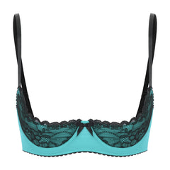 Womens Sexy Contrast Lingerie Half Cup Lace Push Up Balconette Bra Tops Adjustable Spaghetti Straps Underwire Bralette Underwear