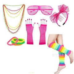 80s Fancy Dress Accessories WomenTutu Skirt Neon Fishnet Gloves Beaded Necklace Bracelet Earrings Adult 80s Party Costume Set