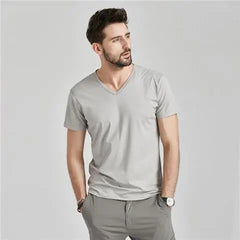 Summer Fashion Luxury Brand T-Shirts for Men with V-Neck Short Sleeves and Ice Silk Modal Fabric Gym Golf Clothing Men Tops