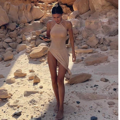 2025 Kintted Cover Up Beach Sexy See Through Maxi Slit Bodycon Summer Dress Bikinis Cover-ups Elegant Halter Beachdress
