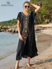 Embroidery Beach Cover Up Saida de Praia Swimsuit Women Bikini Cover Up Tunics for Beach Pareo Sarong Beachwear #Q790
