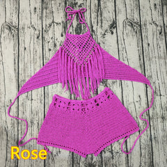 Hand Crochet Beach Bikini Set Women Short Swimwear Sexy Tassel