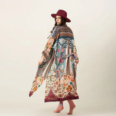 2025 Bikini Cover-ups Pink Boho Print Self Belted Front Open Long Kimono Dress Beach Tunic Women Swim Suit Cover Up Dress