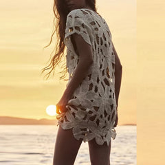 2025 New Summer Swimwear Beach Holiday Dress Sexy Women Knit Beach Dress Hollow-Out V-Neck Short Sleeve Bikini Cover-Ups Dress