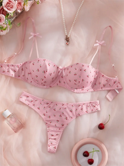 Lingerie Cute Cherry Print Bra Panty Sets Girl Beautiful Bow Sexy Lingerie Three-Point Underwear Intimate Sexy Female Lingerie