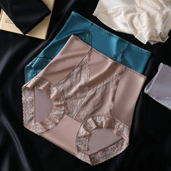 Women High Waist Panties Ice Silk Lace Sexy Breathable Briefs Underwear Luxury Satin Seamless Butt Up Female Underpants Lingerie
