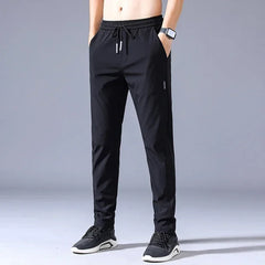 Summer Men's Casual Pants Thin Soft Elasticity Lace-up Waist Solid Color Pocket Applique Korea Grey Black Work Trousers Male