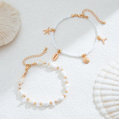 Salircon 2pcs/set Bohemian Starfish Conch Rice Beads Anklet Chain Women 2024 Trending Beach Anklets Lady Jewelry Accessories
