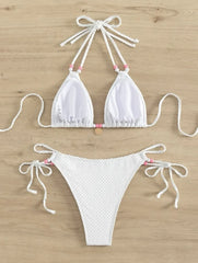 Sexy Pink Bikini 2024 Swimsuit Women White Pearl Strap Push Up Micro Swimwear Brazilian Bathing Suit Tie Side Thong Bikinis Sets
