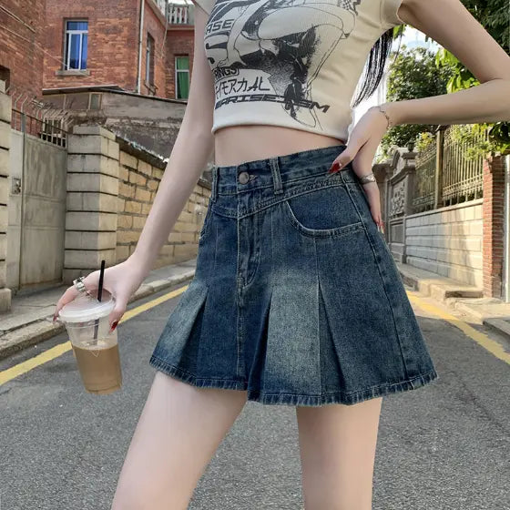 Denim Pleated For Women Summer High Waist Anti-exposure Skirt - kinko