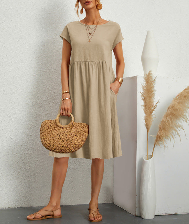 Summer Short-sleeved Dress With Pockets Fashion Solid Round Neck A-line Dresses For Women Clothing - kinko