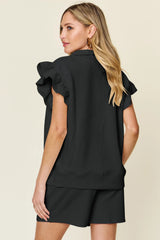 Double Take Full Size Texture Flounce Sleeve Top and Drawstring Shorts Set - kinko