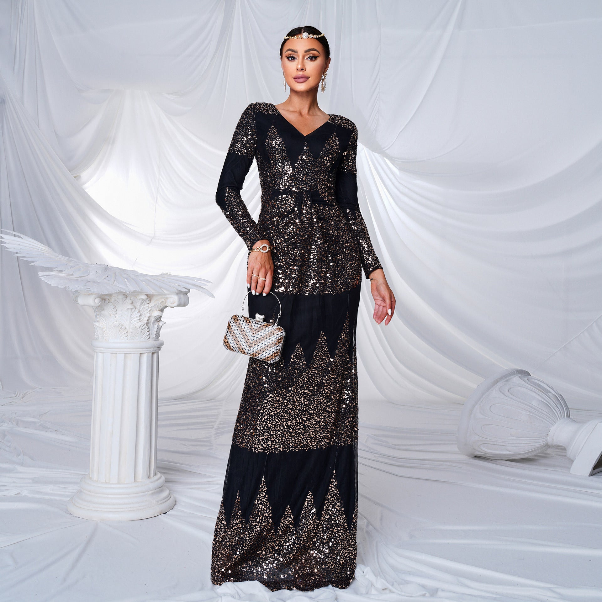 Long Sleeve V-neck Sexy Slim-fit Long Sequined Banquet Evening Dress - kinko
