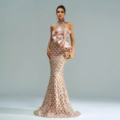 Halter Sequined Mermaid Evening Dress - kinko