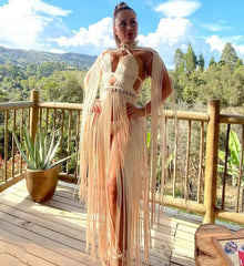 Women's Hand-woven Tassel Dress Creative Beach Travel Sexy Split Chest Wrap - kinko