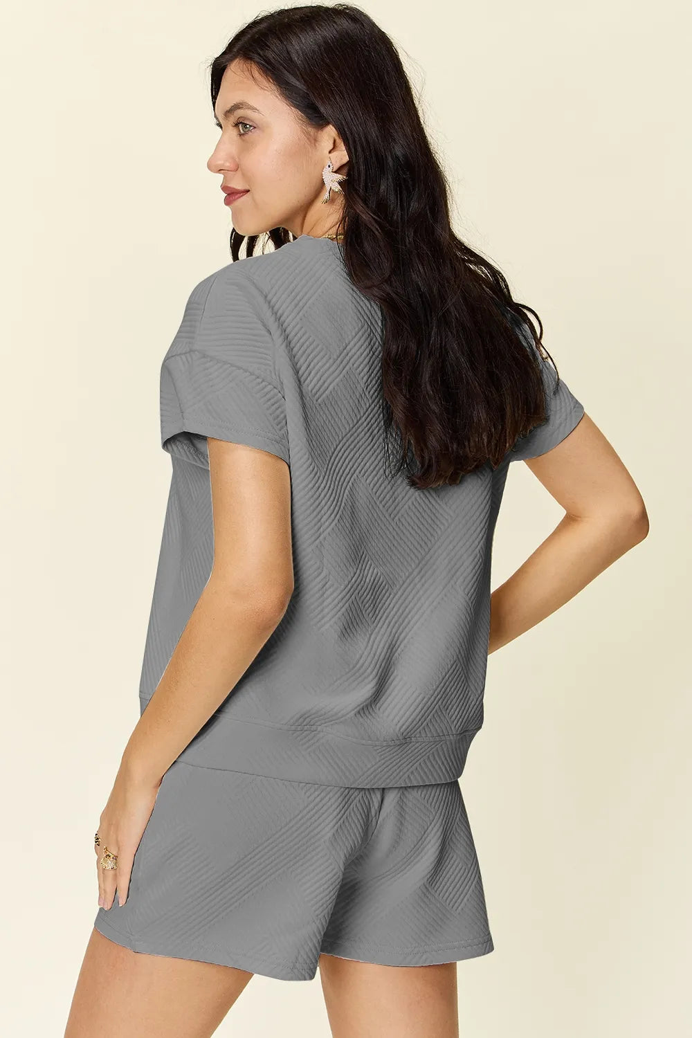 Double Take Full Size Texture Short Sleeve T-Shirt and Drawstring Shorts Set - kinko