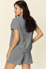 Double Take Full Size Texture Short Sleeve T-Shirt and Drawstring Shorts Set - kinko