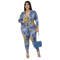 Plus Size Women's Autumn New Fashion V-neck Printed Shirt Trousers Suit - kinko