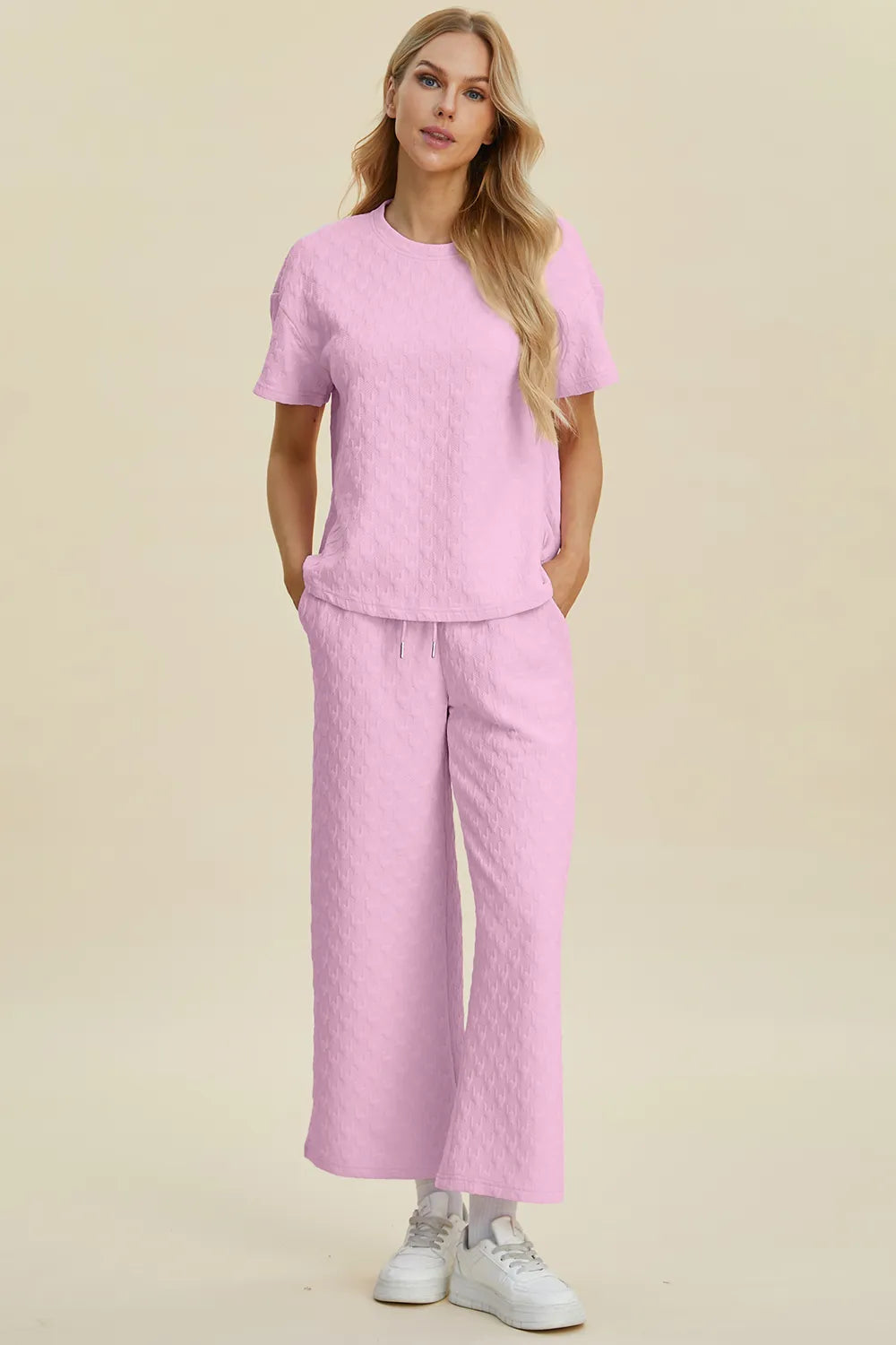 Double Take Full Size Texture Round Neck Short Sleeve Top and Pants Set - kinko