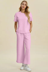 Double Take Full Size Texture Round Neck Short Sleeve Top and Pants Set - kinko