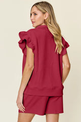 Double Take Full Size Texture Flounce Sleeve Top and Drawstring Shorts Set - kinko
