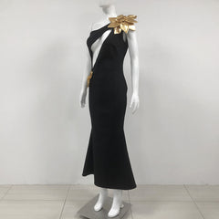 Slim-fit Bandage Golden Flower Maxi Dress - kinko