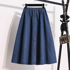 Plus Size Breasted Elastic Waist Blue Denim Skirt - kinko