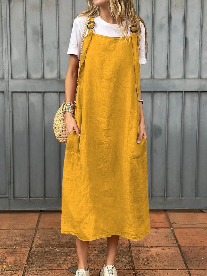 Summer Women's Adjustable Shoulder Strap Casual Cotton And Linen Dress - kinko