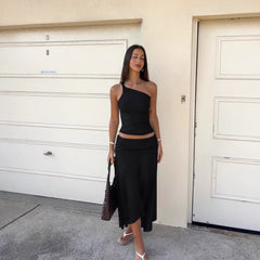 Ins Style Women's Solid Color Sleeveless Vest High Waist Skirt Two-piece Set - kinko