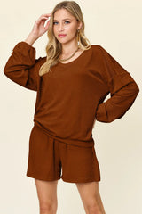 Double Take Full Size Texture V-Neck Long Sleeve T-Shirt and Shorts Set - kinko