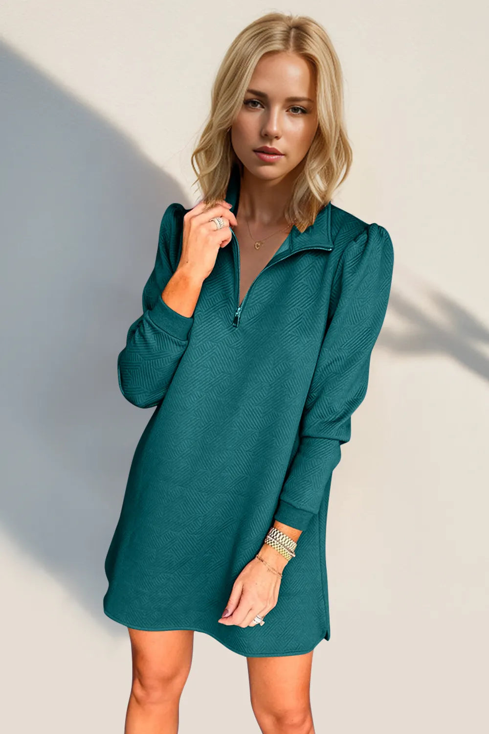 Double Take Textured Quarter Zip Long Sleeve Dress - kinko