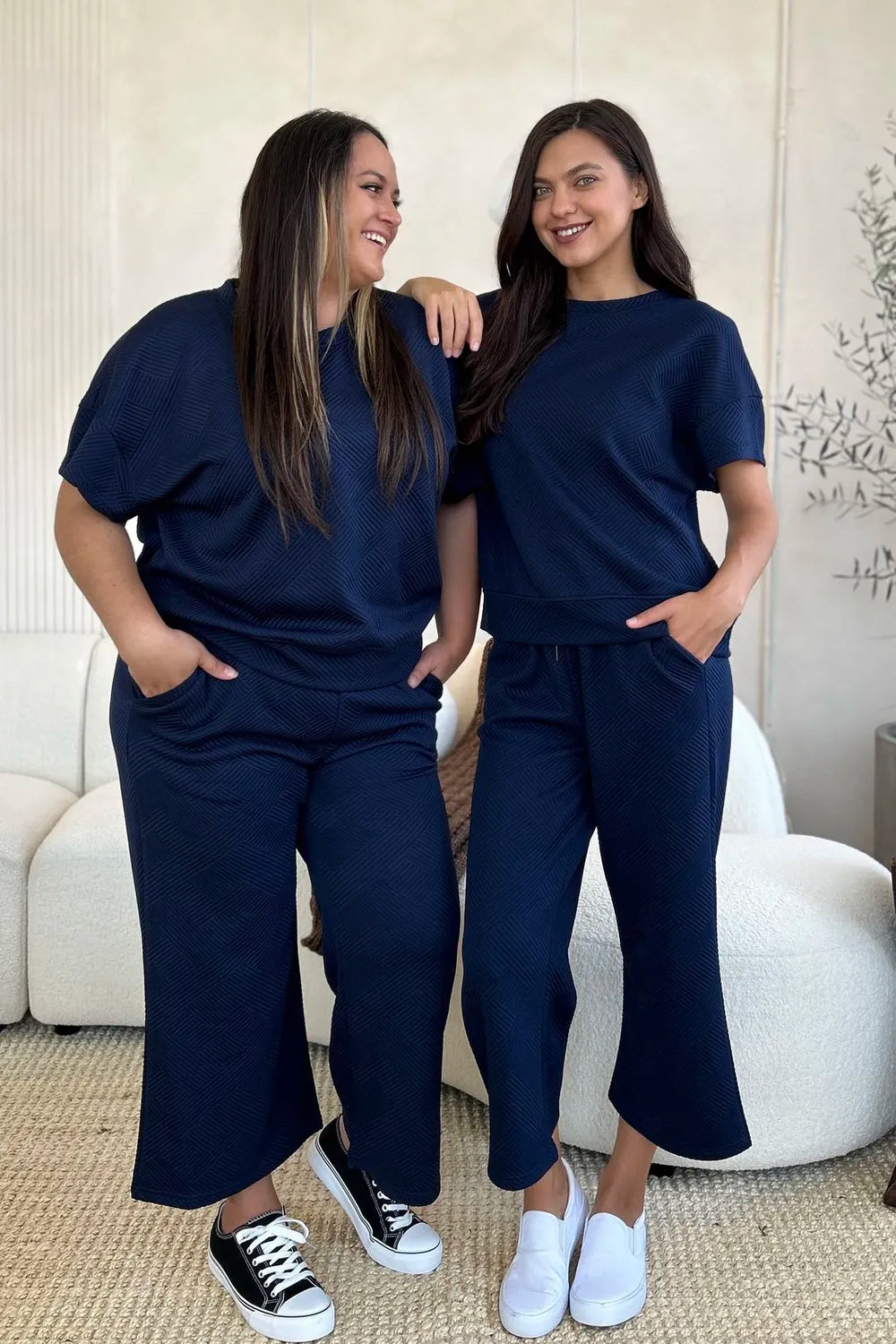 Double Take Full Size Texture Short Sleeve Top and Pants Set - kinko