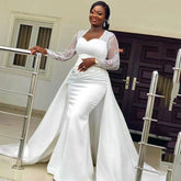 Slim High Waist White Satin Party Bridal Wedding Dress - kinko