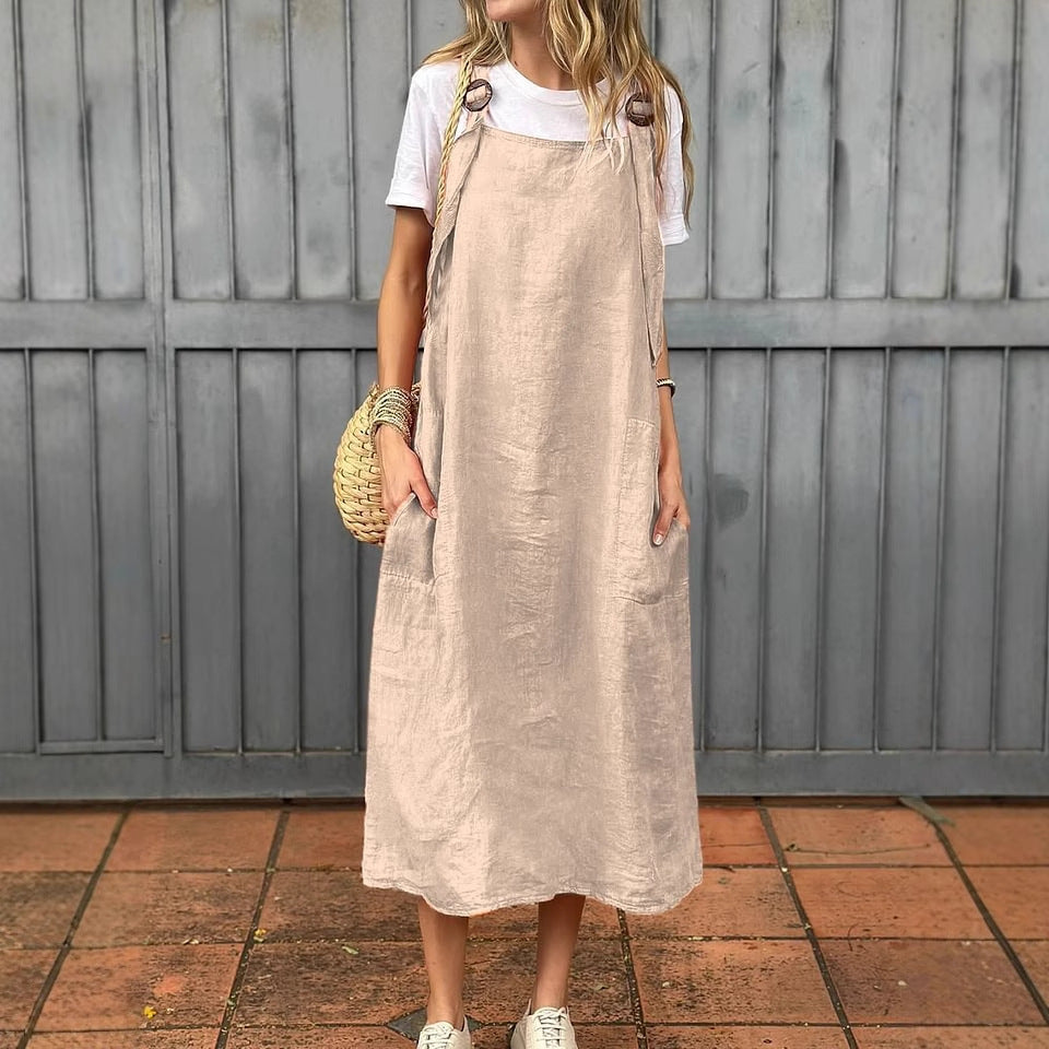 Summer Women's Adjustable Shoulder Strap Casual Cotton And Linen Dress - kinko