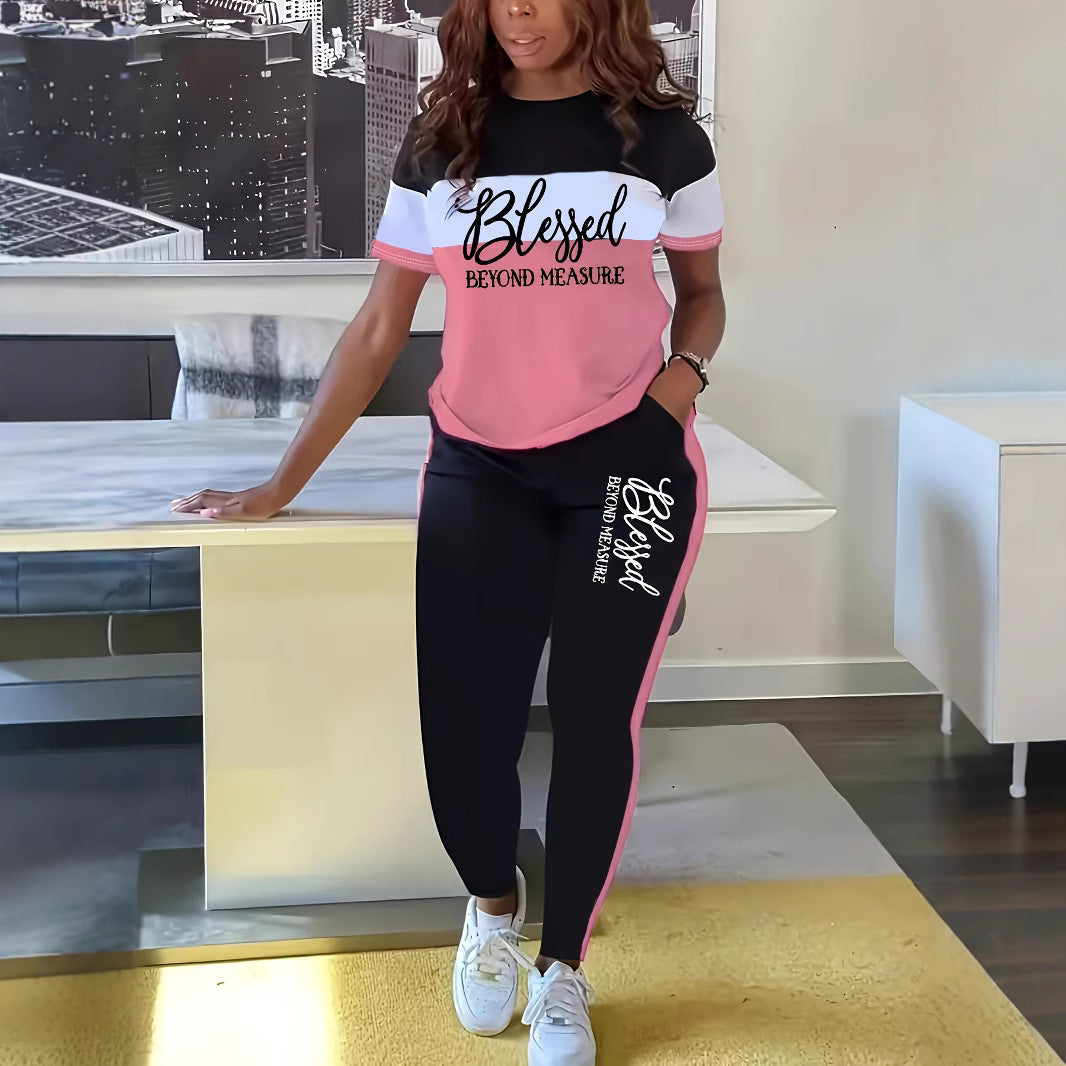 Contrast Color Striped Short Sleeve With Wide Leg Pants Suit - kinko