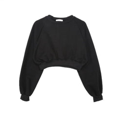 Round Neck Waist Trimming High Waist Short Sweatshirt - kinko