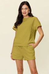 Double Take Full Size Texture Short Sleeve T-Shirt and Drawstring Shorts Set - kinko