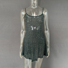 Trendy Rhinestone Sheer Party Dress - Women's Sexy Mini - kinko